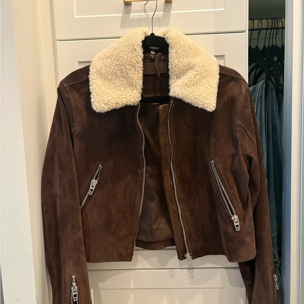 Blank NYC Brown Suede Bomber Jacket with Removable Cream Shearling Collar
